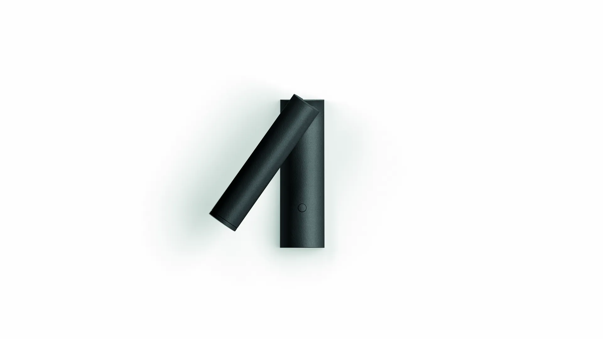 Schwarze ENSO Lese-Einbauleuchte mit eingeklapptem Leuchtkopf flach an der Wand, in der Frontalansicht mit integriertem Mini-Taster