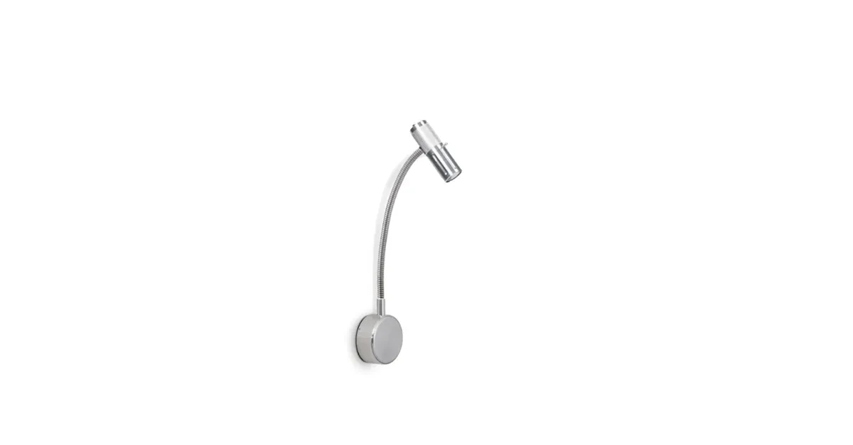 Silver-coloured WORK gooseneck luminaire with a chrome finish, a slim flexible shaft and small luminaire head, mounted on a round, polished wall base