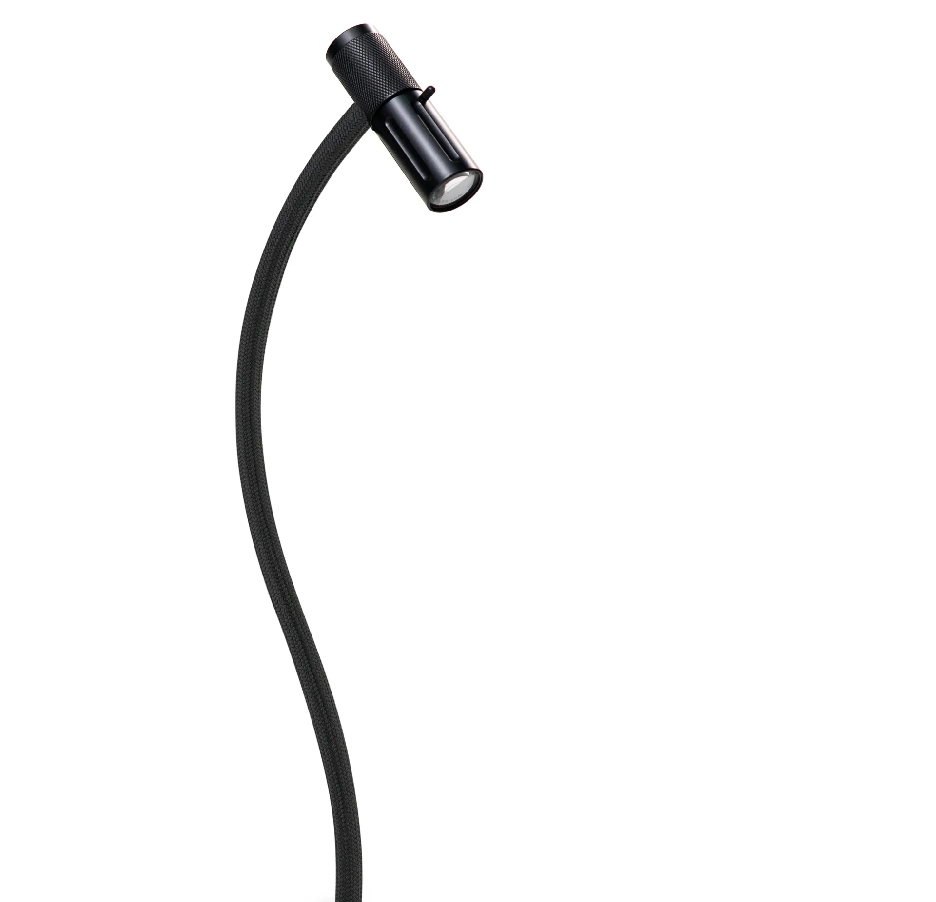Black WORK gooseneck luminaire with a textile-sheathed, highly flexible flexible shaft and black anodised luminaire head in a sweeping curve against a white background