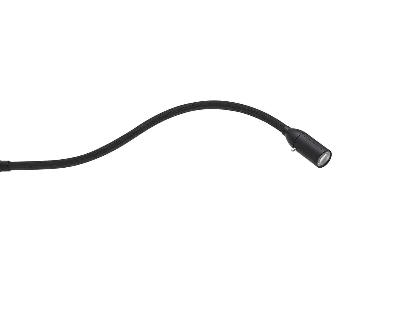 Horizontally running ZEUS gooseneck luminaire with a black textile sheath and a slim black luminaire head against a white background