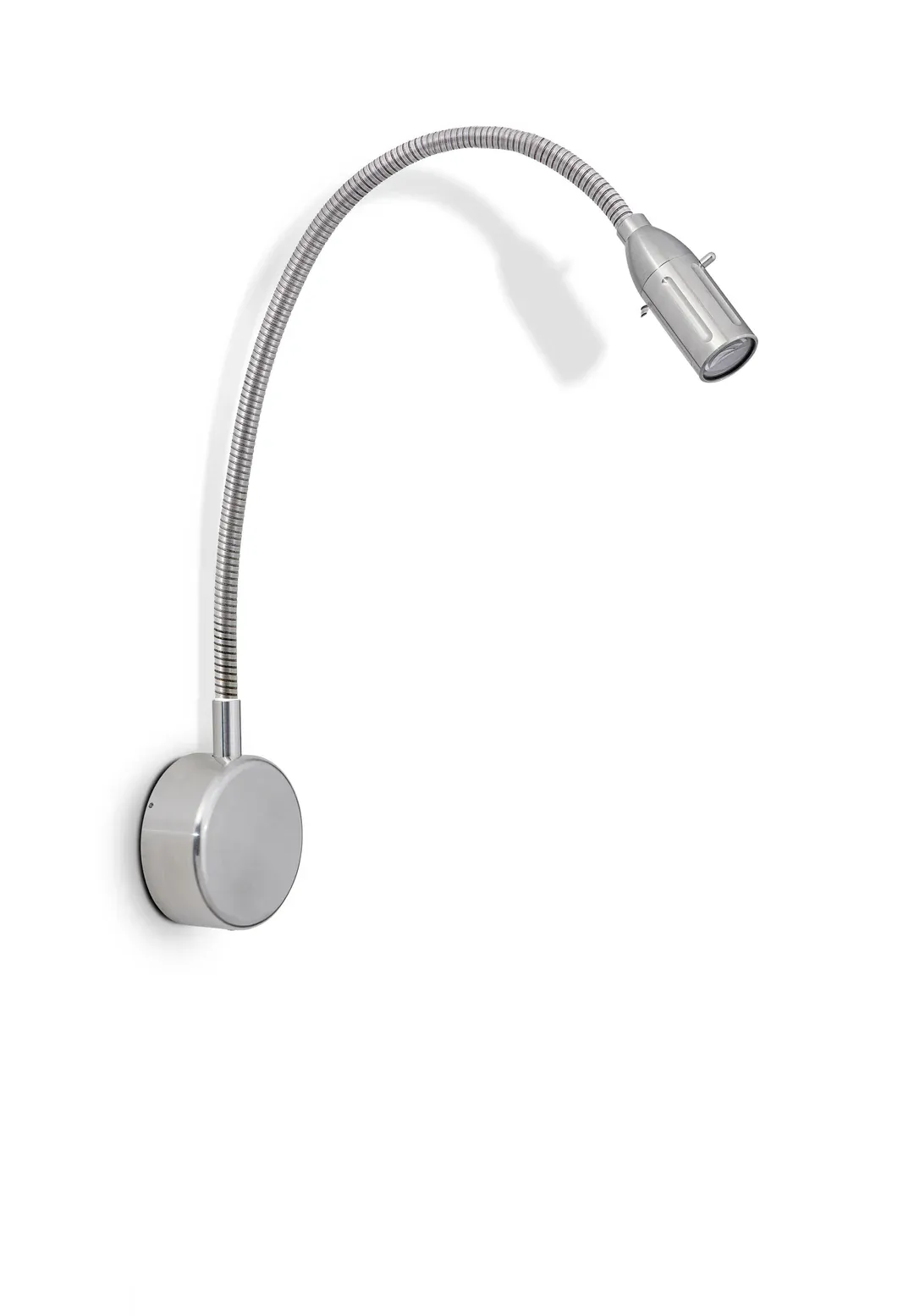 Silver-coloured ZEUS gooseneck luminaire with a chrome-look metal flexible shaft, round polished wall base and slender luminaire head in an elegant curve