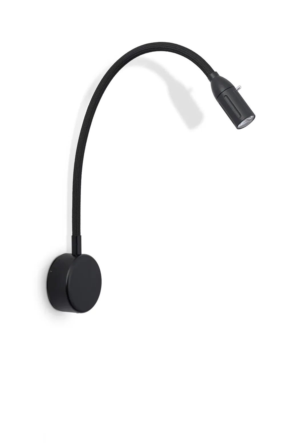Black ZEUS gooseneck luminaire with a textile-sheathed flexible shaft, a round black wall base and a slim black luminaire head in a high arc