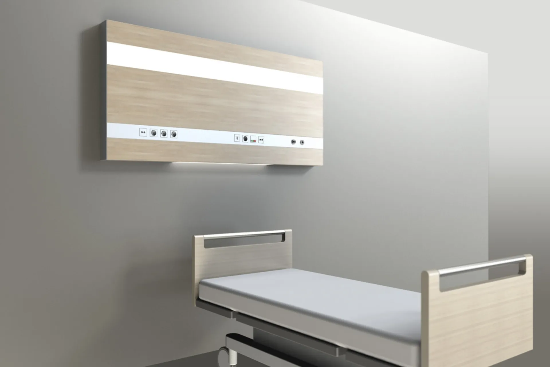 Hospital bed with a wood-look finish and a wall panel with sockets and connections in a grey room