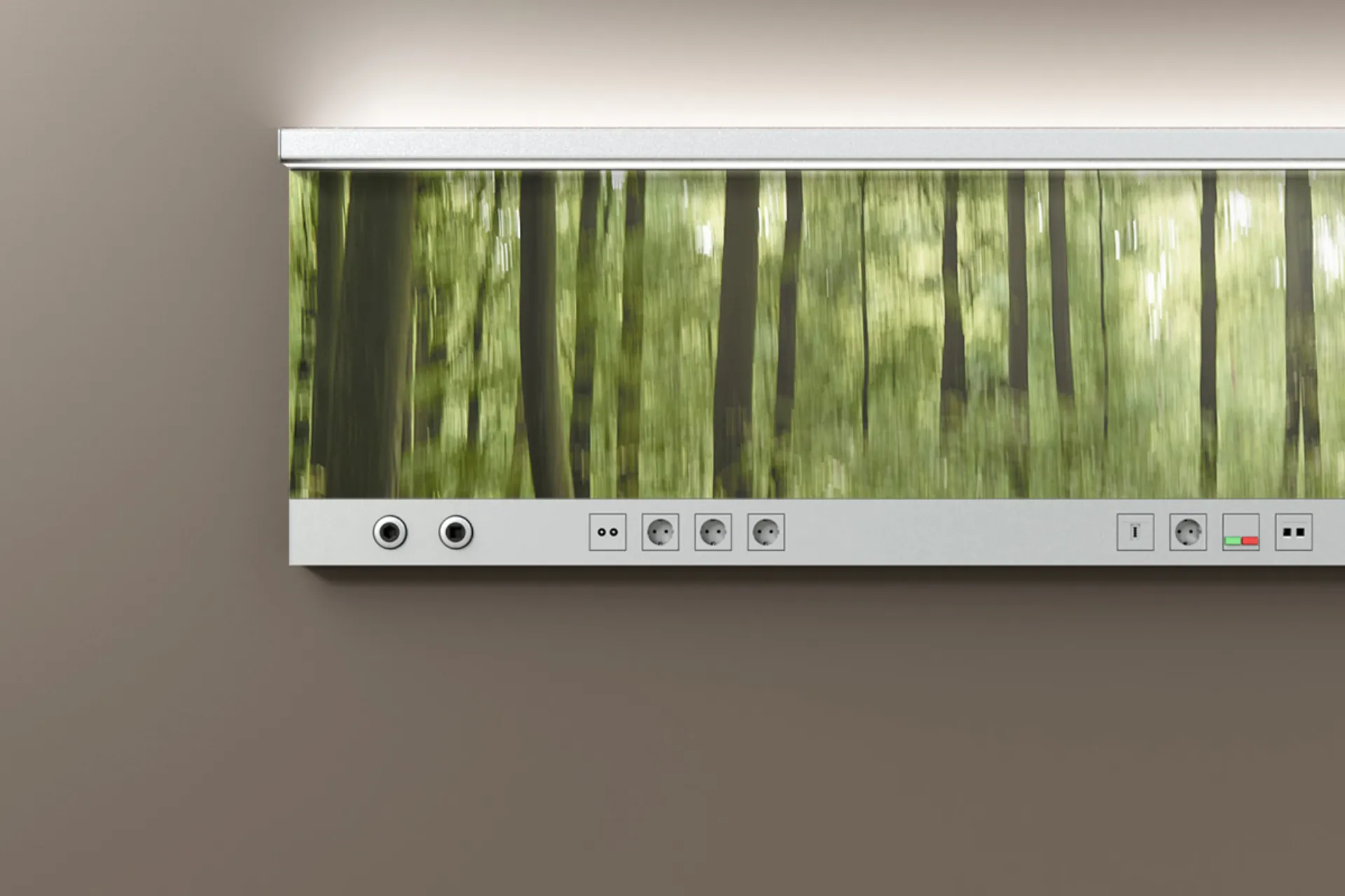 Wall-mounted supply unit with a socket strip and a digitally printed motif of a blurred forest