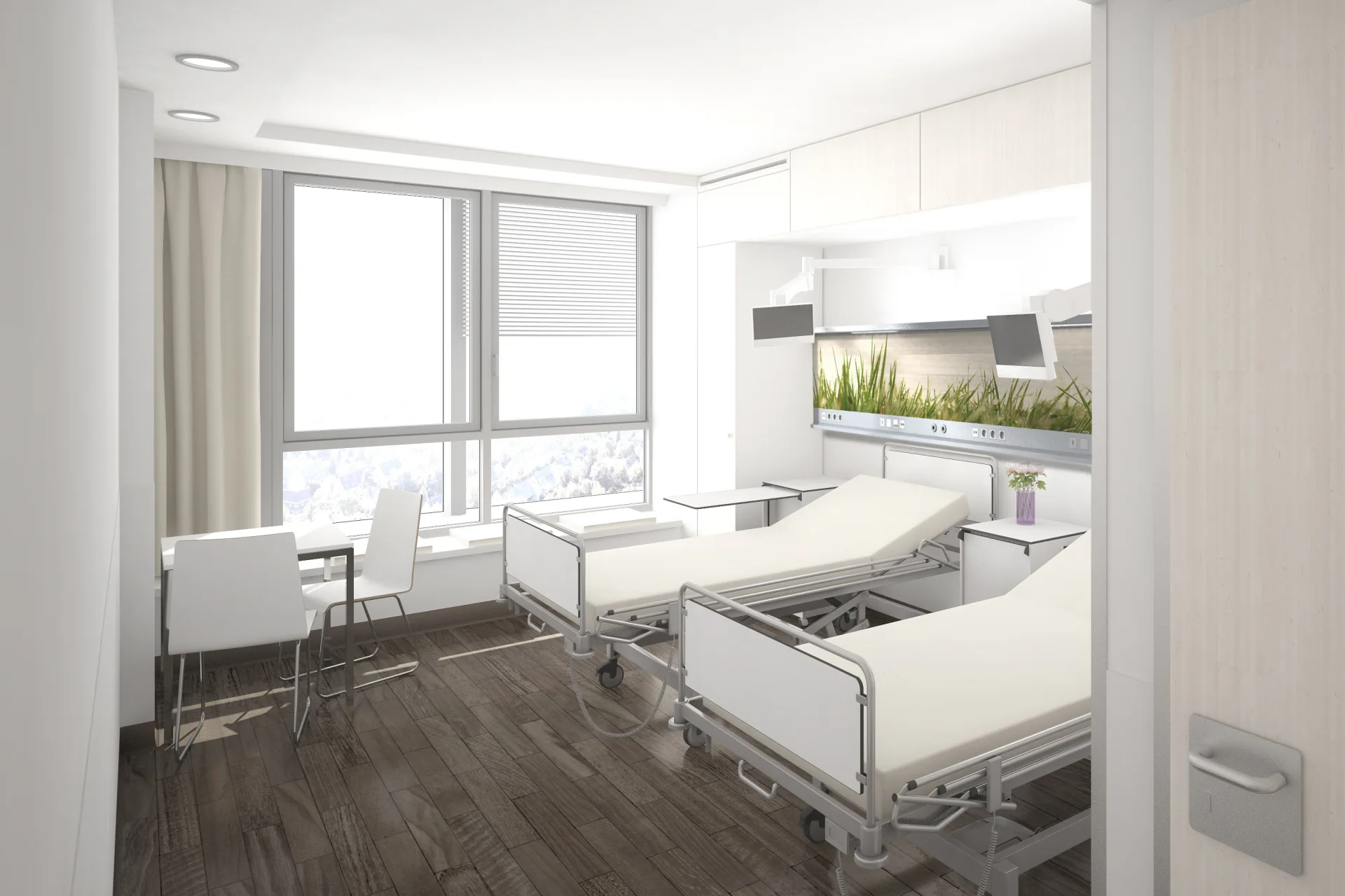 Rendering of a bright patient room with two care beds, a white supply rail with a planter, a large window and a white seating group with table