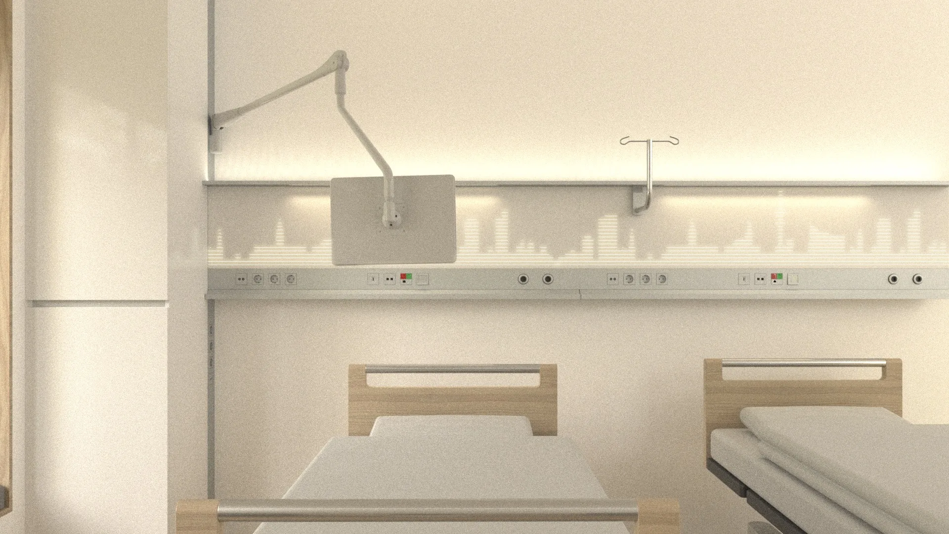 Rendering of a bright supply strip with indirect lighting and a skyline silhouette above two light-wood headboards of care beds