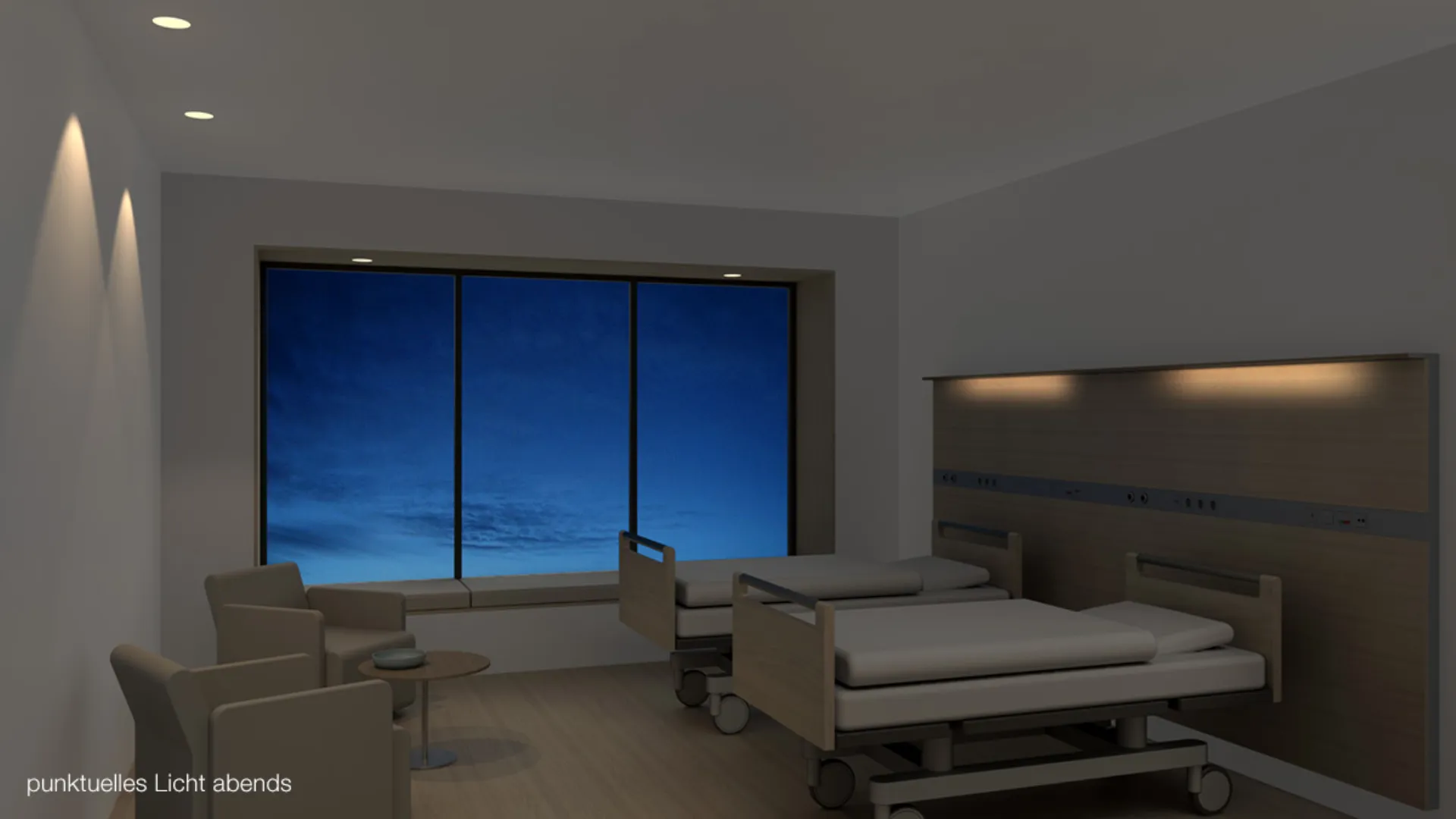 A hospital room with indirect reading lighting in the evening light