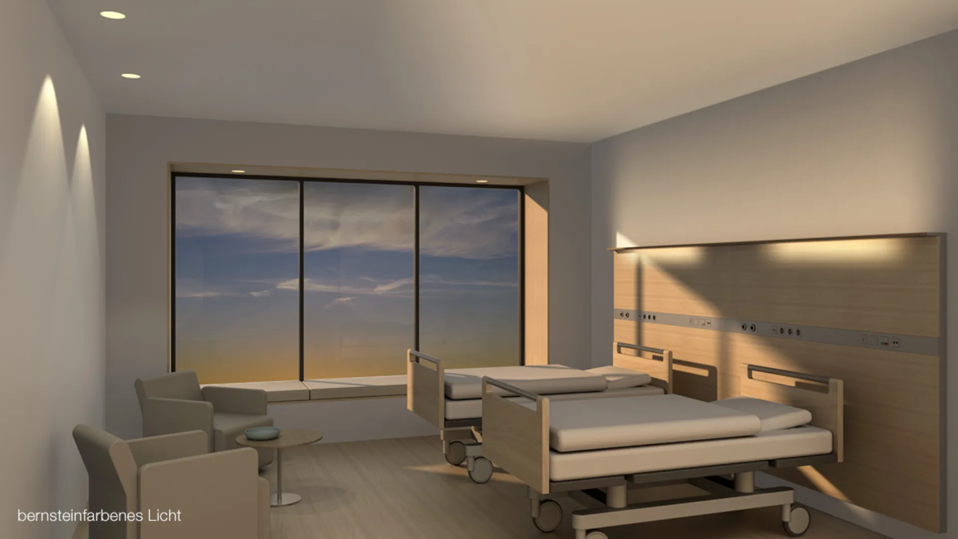 A hospital room bathed in pleasant, amber-coloured light