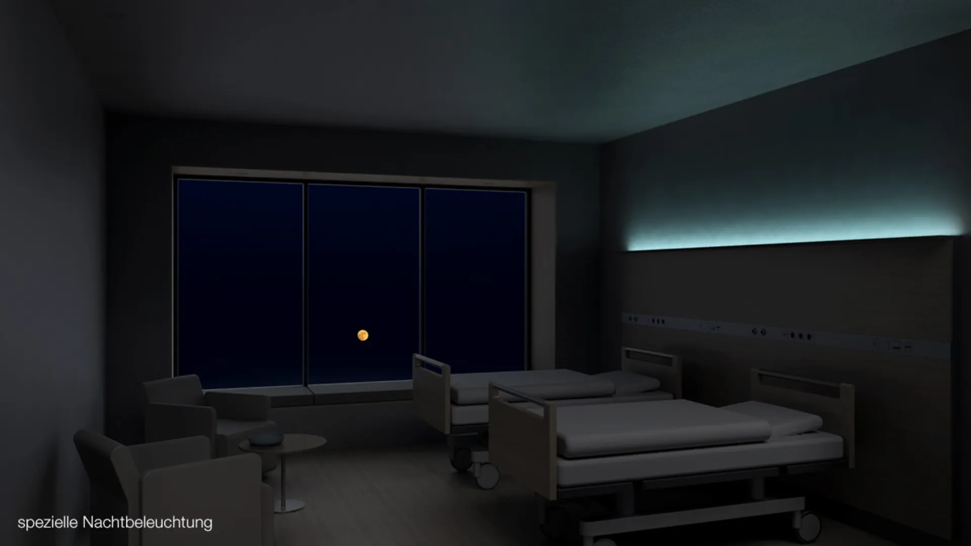 A dark hospital room with indirect, greenish lighting