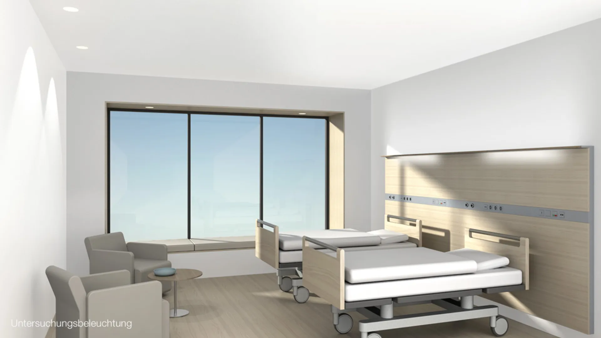 A hospital room in which bright examination light is switched on