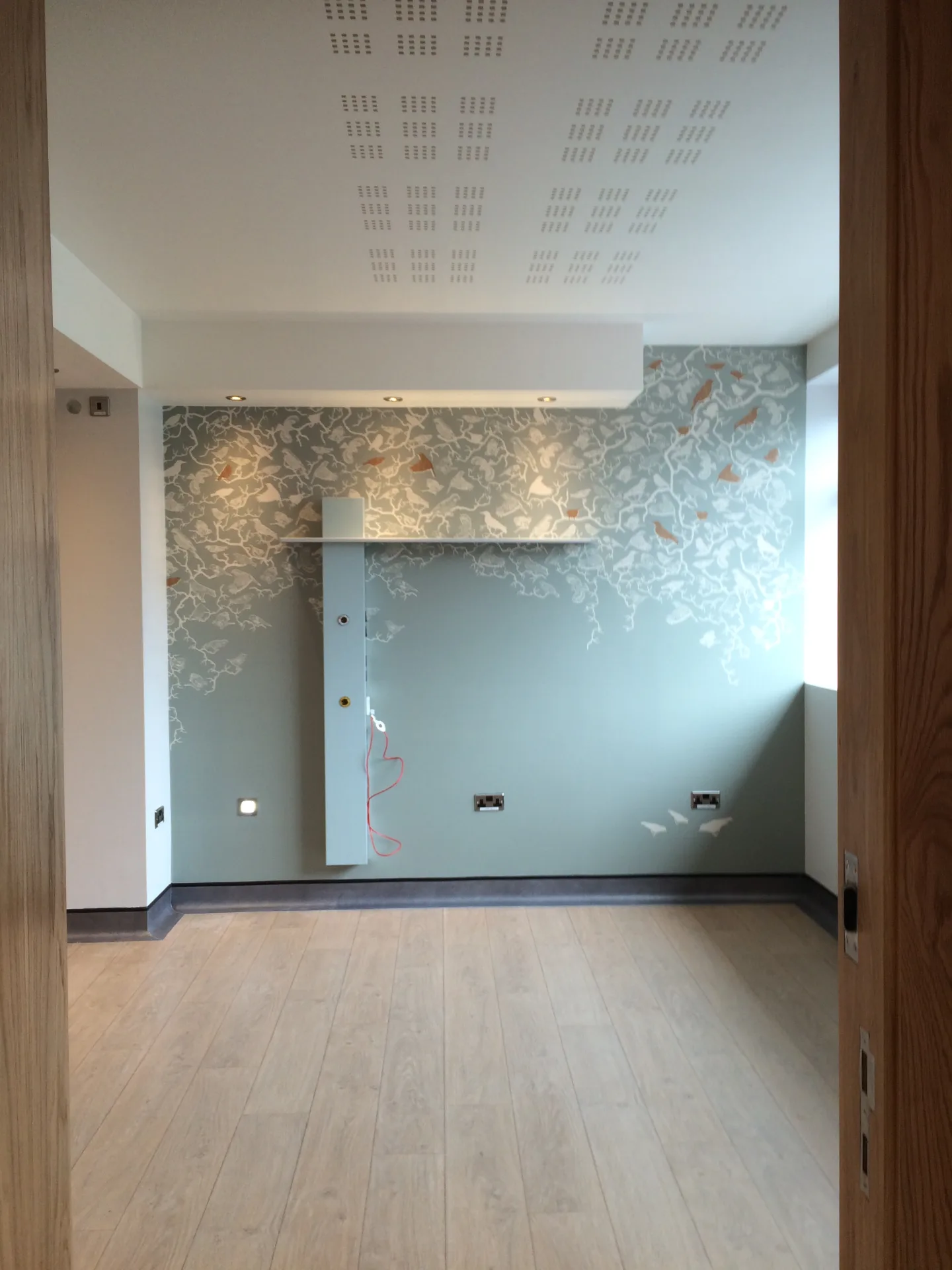 Empty patient room with a light blue wall featuring a floral bird pattern, a perforated acoustic ceiling and a partly visible pure supply column