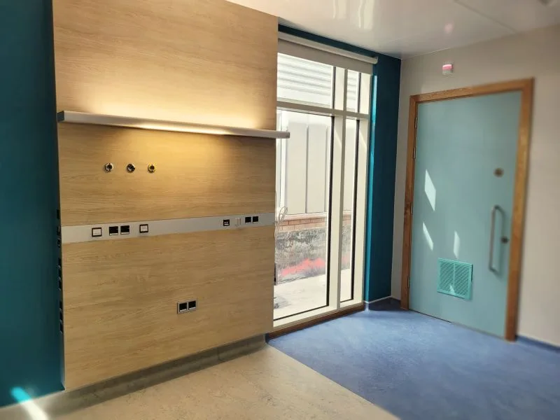 Light wood wall cladding with a recessed supply strip featuring medical gas and power connections, set against a deep-blue wall and glass door
