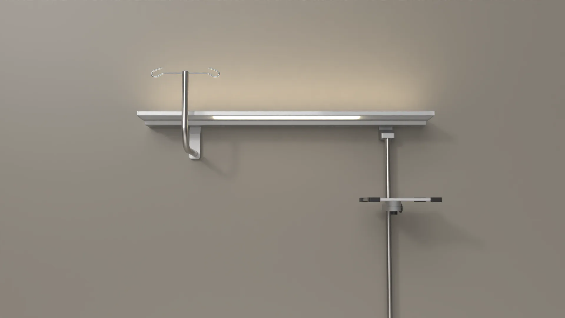S 130 aluminium wall luminaire with an attached IV stand and equipment rail on a grey wall