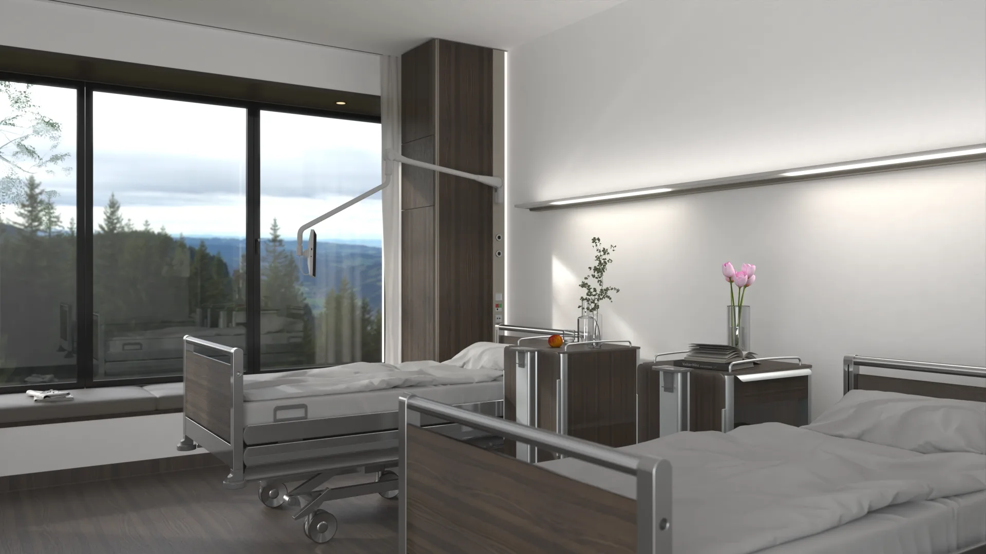 Twin room with S 130 wall luminaires above the beds, dark wooden bedside tables, pink flowers in vases and a large window looking out over a forested mountain landscape