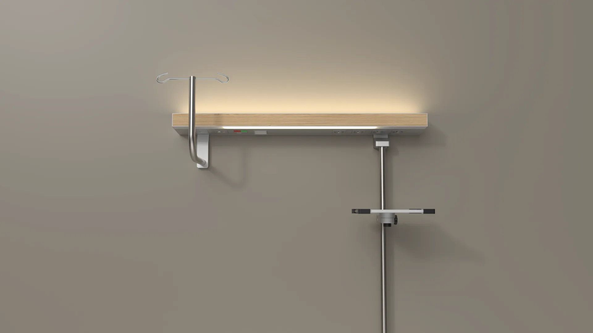 Wall-mounted wooden shelf with metal brackets and a pull-out rail