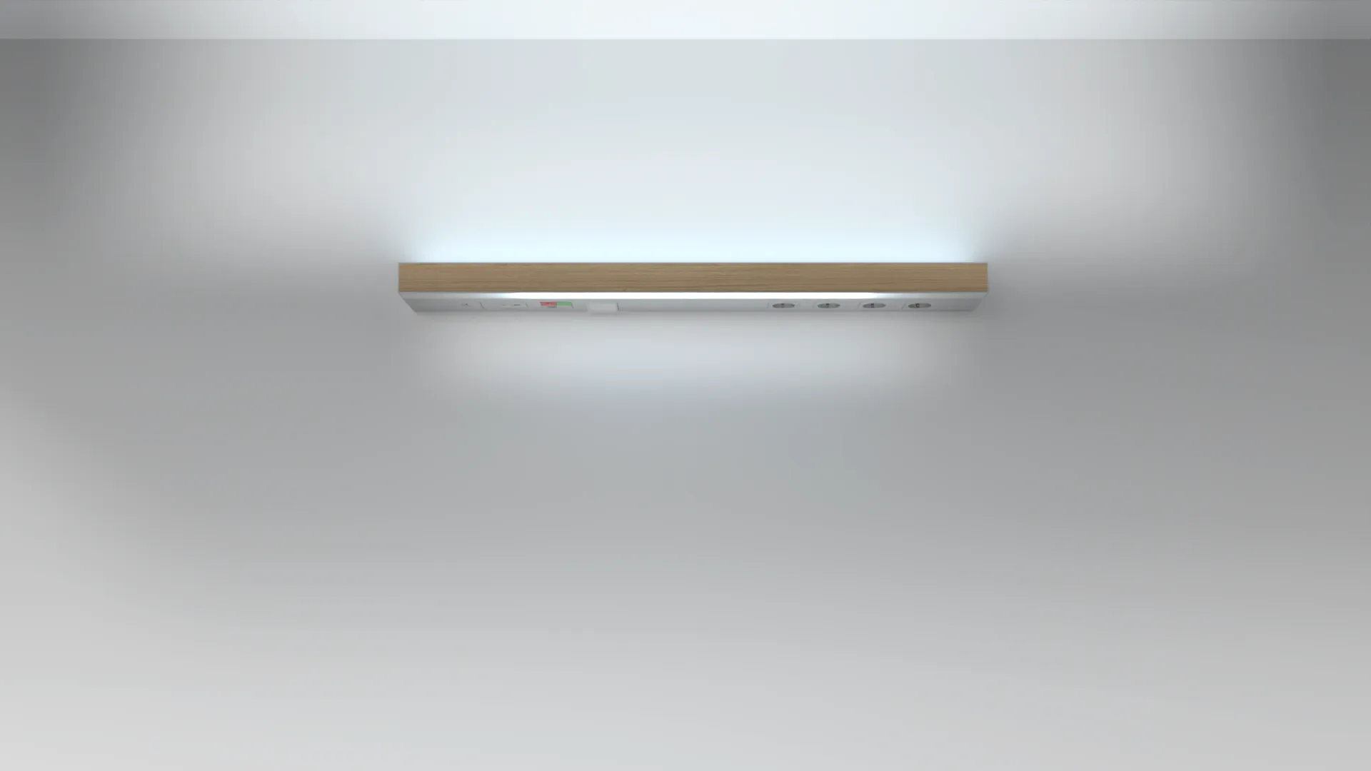 Plain white wall with a narrow, elongated luminaire in a wood look on the ceiling
